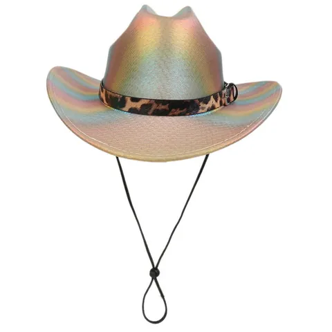 Metallic Holographic Western Cowboy Hat For Men Women Metallic Iridescent Party Hat With Leopard Print Band Adjustable Chin Strap