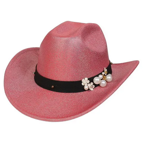 Western Cowboy Hat With Glitter Finish Artificial Pearl And Flower Decoration Wide Brim Fedora Jazz Hat For Party Stage Women Men