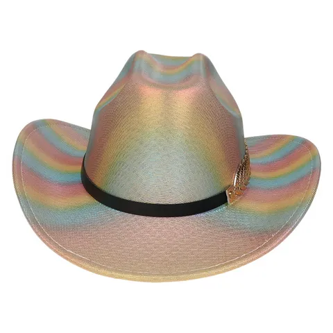 Iridescent Metallic Western Cowboy Hat Holographic Rainbow Festival Party Hat With Gold Feather Metal Accessory For Women Men