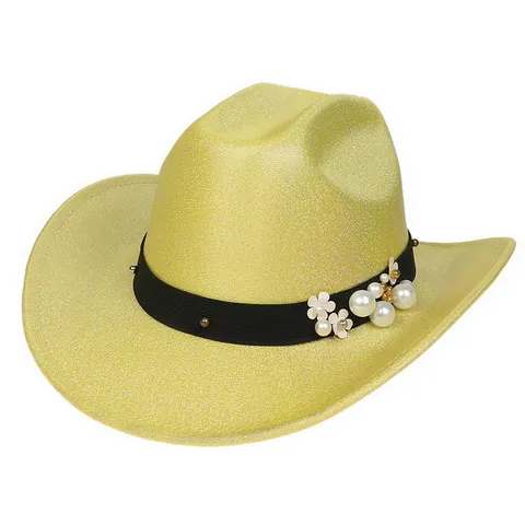 Western Cowboy Hat With Glitter Finish Artificial Pearl And Flower Decoration Wide Brim Fedora Jazz Hat For Party Stage Women Men