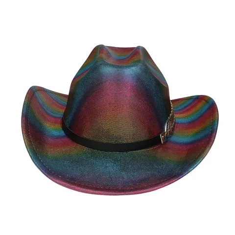 Iridescent Metallic Western Cowboy Hat Holographic Rainbow Festival Party Hat With Gold Feather Metal Accessory For Women Men
