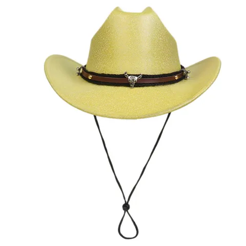Western Cowboy Hat Bull Skull Decor Glitter Wide Brim Polyester Hat With Adjustable Chin Strap For Party Festival Women Men Jazz Fedora