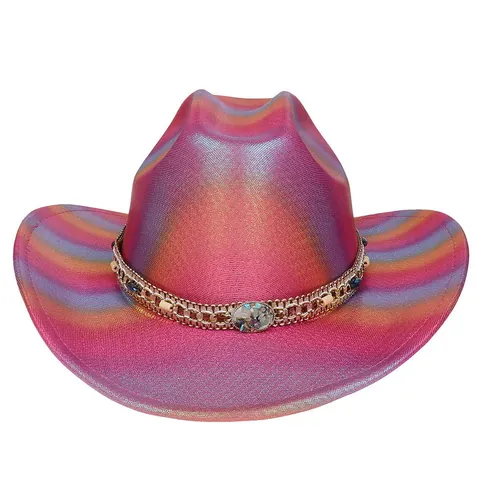 Cappello da Cowboy Occidentale Olografico Iridescente per Donna Uomo Cappello da Festa Metallizzato Con Catena Perline Conchiglia