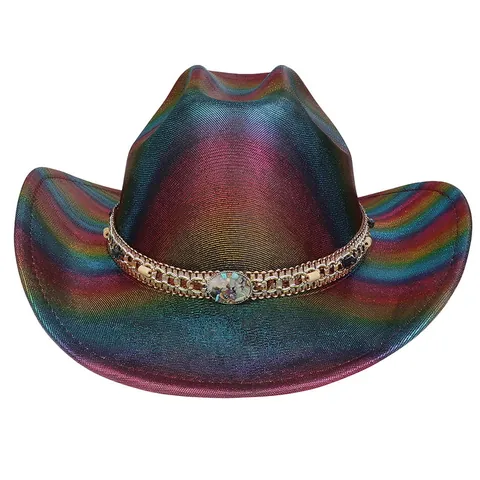 Cappello da Cowboy Occidentale Olografico Iridescente per Donna Uomo Cappello da Festa Metallizzato Con Catena Perline Conchiglia