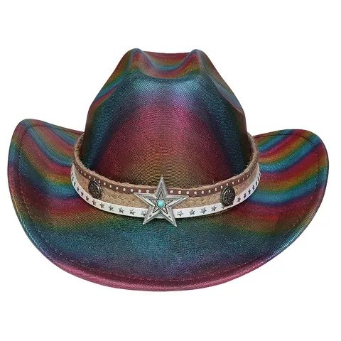 Iridescent Metallic Polyester Western Cowboy Hat With Star Decor Rivets Performance Jazz Knight Hat For Women Men Party