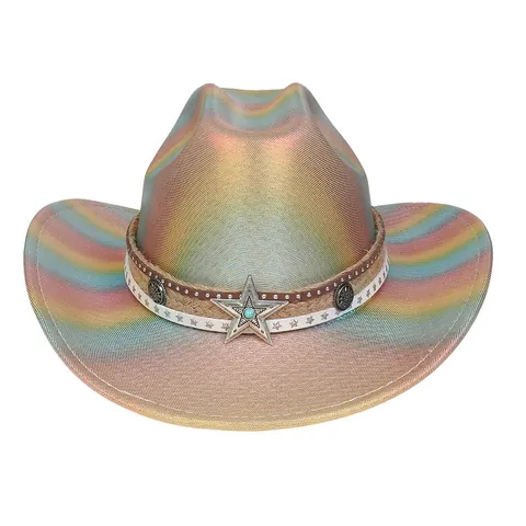 Iridescent Metallic Polyester Western Cowboy Hat With Star Decor Rivets Performance Jazz Knight Hat For Women Men Party