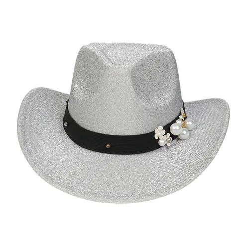 Western Cowboy Hat Glitter Wide Brim Jazz Hat With Pearl Flower Steer Head Buckle For Carnival Party Stage Performance Fashion Accessories