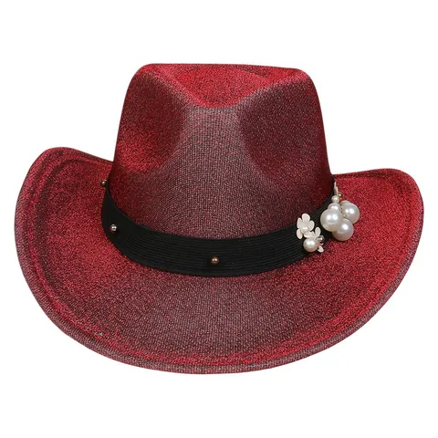 Western Cowboy Hat Glitter Wide Brim Jazz Hat With Pearl Flower Steer Head Buckle For Carnival Party Stage Performance Fashion Accessories