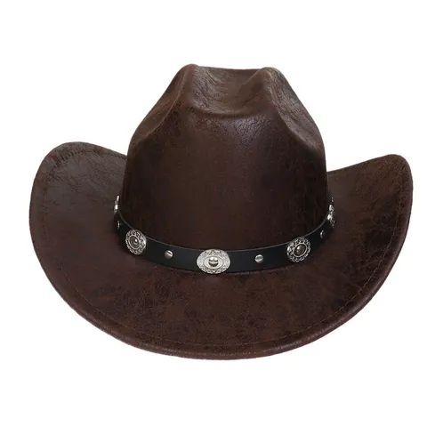 Cappello da Cowboy Western Vintage per Donna Uomo Poliestere Similpelle Cintura Testurizzata Rivetti Perla Fiore Piuma Decorazione Moda Sole