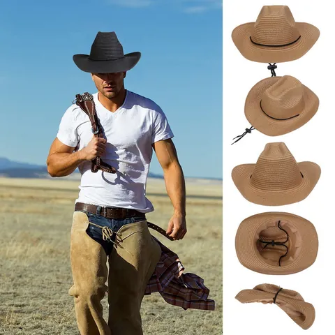 Cappello di Paglia da Cowboy Occidentale per Donna Uomo Cappello da Sole Pieghevole a Tesa Larga Con Corda a Vento Perla Artificial Pizzo Stampa Leopardata Cappello da Viaggio in Spiaggia Estiva