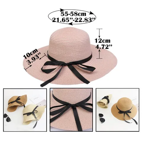Damen Eleganter Strohhut mit Breiter Krempe Sonnenschutz Strandhut mit Dekorativer Schleife für Sommerurlaub Reise