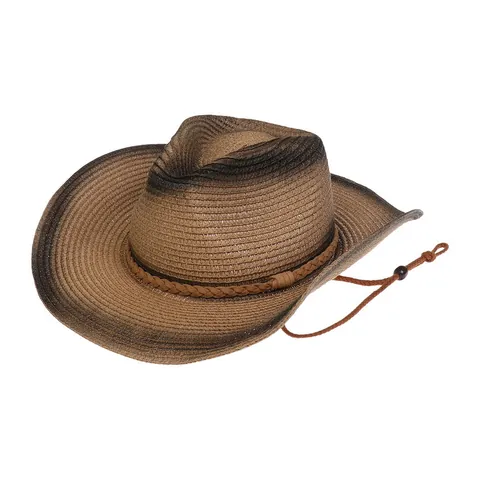 Cappello da Cowboy in Paglia di Carta Sfumata da Donna Con Corda Antivento Regolabile Tesa Larga per Spiaggia Viaggi