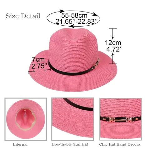 Women's Panama Straw Hat Sun Protection Woven Fedora Jazz Hat With Belt Buckle Pearl Chain Decoration For Summer Beach