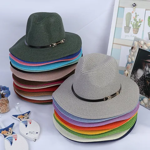 Women's Panama Straw Hat Sun Protection Woven Fedora Jazz Hat With Belt Buckle Pearl Chain Decoration For Summer Beach