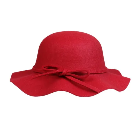Women Elegant Cloche Hat Polyester Faux Wool Felt Wavy Wide Brim Bowknot Vintage Round Top Winter Warm Fedora Hat
