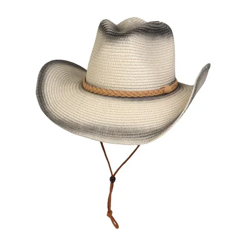 Cappello da Cowboy in Paglia di Carta Sfumata da Donna Con Corda Antivento Regolabile Tesa Larga per Spiaggia Viaggi