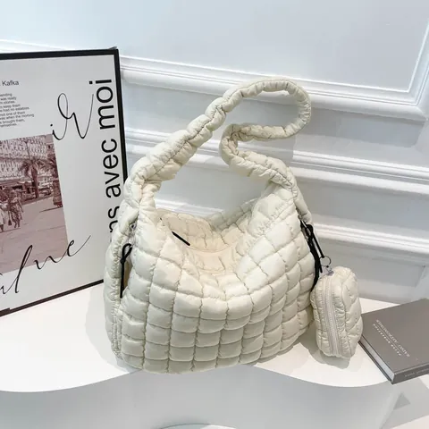 Women Quilted Puffy Shoulder Bag Nylon Large Capacity Cloud Tote With Coin Purse Casual Fashion Trendy Handbag