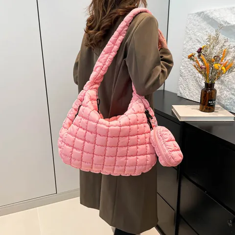 Women Quilted Puffy Shoulder Bag Nylon Large Capacity Cloud Tote With Coin Purse Casual Fashion Trendy Handbag