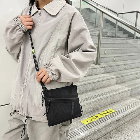 Casual Fashion Nylon Waterproof Crossbody Bag Color Block Chest Bag With Mesh Pocket And Woven Rope Strap For Men Women