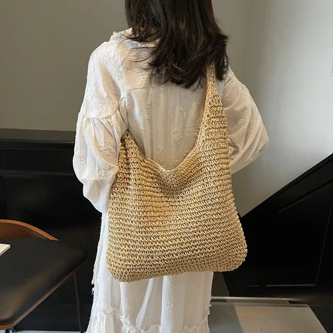 Dames Mode Grote Capaciteit Stro Geweven Tote Bag Minimalistisch Handgeweven Strand Schoudertas Met Polyester Voering