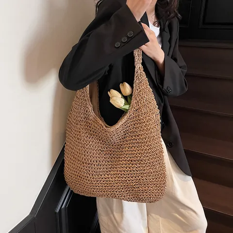 Dames Mode Grote Capaciteit Stro Geweven Tote Bag Minimalistisch Handgeweven Strand Schoudertas Met Polyester Voering