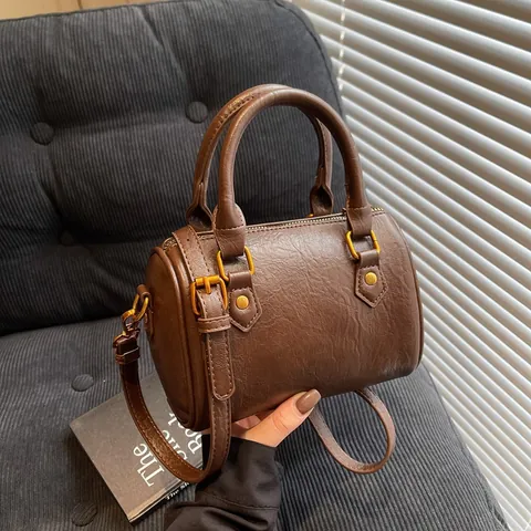 French Vintage Boston Handbag For Women Quality PU Leather Shoulder Bag Small Retro Crossbody Bag For Daily Commuting