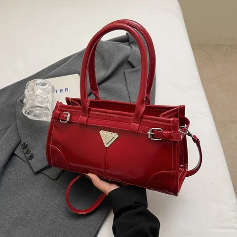 Borsa a Spalla da Donna Minimalista in Pelle PU Con Placca Metallica a Triangolo Invertito Tracolla Regolabile Borsa a Mano