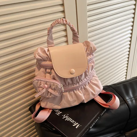 Zaino da Donna in Stile Coreano in Nylon Increspato Con Mini Borsa Appesa Pieghettato Moda Casual Scuola Viaggio Zainetto Borsa a Tracolla