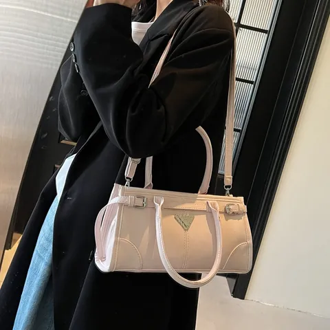 Borsa a Spalla da Donna Minimalista in Pelle PU Con Placca Metallica a Triangolo Invertito Tracolla Regolabile Borsa a Mano
