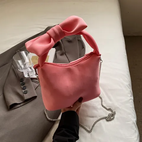 Borsa a Tracolla Dolce con Grande Fiocco da Donna in Tessuto Effetto Satin con Tracolla a Catena Argento Borsa da Sera alla Moda