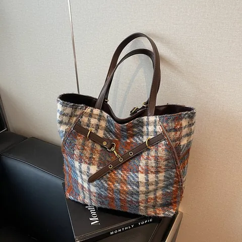 Große Kapazität Damen Wollstoff Karo Tragetasche Mode Vintage Tweed Schultertasche Lässige Pendler Unterarmtasche Mit Kunstlederriemen