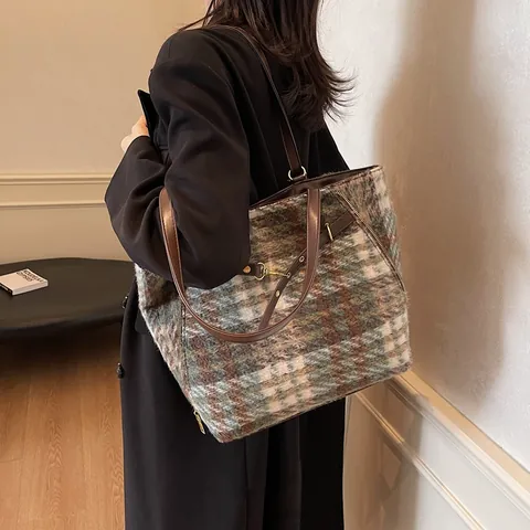 Große Kapazität Damen Wollstoff Karo Tragetasche Mode Vintage Tweed Schultertasche Lässige Pendler Unterarmtasche Mit Kunstlederriemen