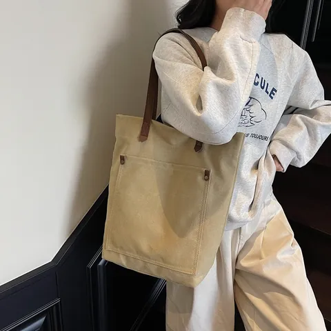 Women Large Capacity Canvas Tote Bag Casual Minimalist Shoulder Bag With Contrast Leather Handle Exterior Pocket Daily Work Shopping Bag