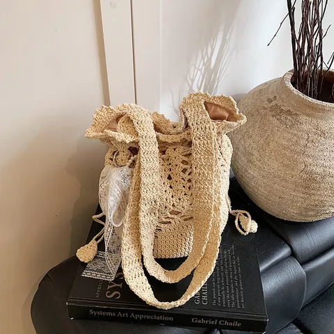 Handmade Crocheted Straw Woven Bucket Bag For Women With Lace Bow And Pearl Pendant Summer Beach Vacation Shoulder Bag