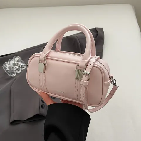 Fashion Women PU Leather Boston Handbag Minimalist Solid Color Crossbody Shoulder Bag Heart Pendant Small Pillow Bag