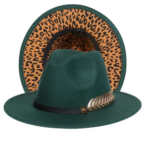 Unisex Leopard Print Lining Wide Brim Fedora Hat Cotton Polyester Jazz Hat With Decorative Band For Autumn Winter