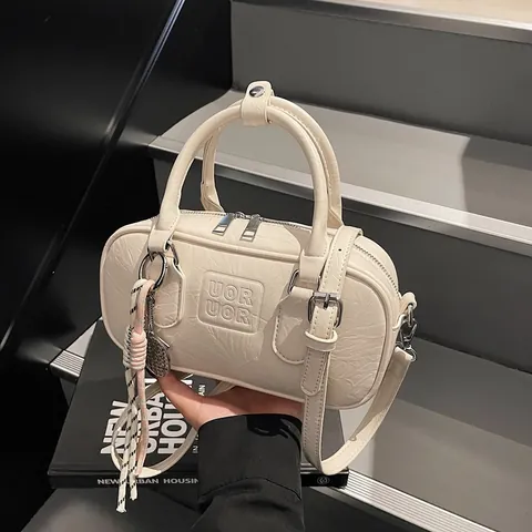 Korean Vintage Bowling Bag For Women PU Leather Boston Pillow Handbag Commuter Shoulder Crossbody Bag With Tassel Pendant