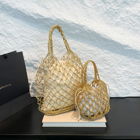 Women's Hollow Out Woven Handbag With Drawstring Liner Metallic Fiber Straw Mesh Tote Bag For Beach Travel Vacation