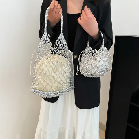 Women's Hollow Out Woven Handbag With Drawstring Liner Metallic Fiber Straw Mesh Tote Bag For Beach Travel Vacation