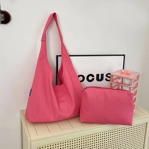 Bolso Tote de Lona para Mujer Gran Capacidad Minimalista Color Sólido Casual Bolso de Hombro Y Estuche Bolso Hobo para Uso Diario Viaje