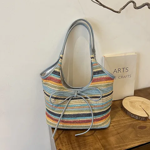 Damen Ethno-Stil Gestreifte Stroh Gewebte Tote Bag Urlaub Strand Schultertasche Mit Großer Schleife Dekoration Lässige Handtasche