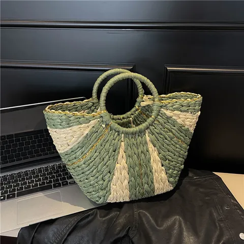 Bolso Tote de Paja Tejida a Mano Gran Capacidad Bloques de Color Rayas Bolso de Hombro Playa Vacaciones Mano Mujer