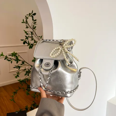 Women's Mini PU Leather Backpack With Artificial Pearl Bowknot Pendant Fashion Metallic Silver Black White Chain Strap School Travel Bag
