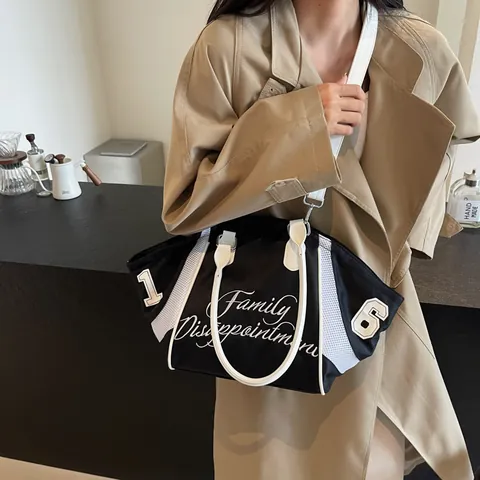 Borsa Tote in Tela e Nylon a Grande Capacità da Donna con Lettere Ricamate e Maglia casual a Tracolla