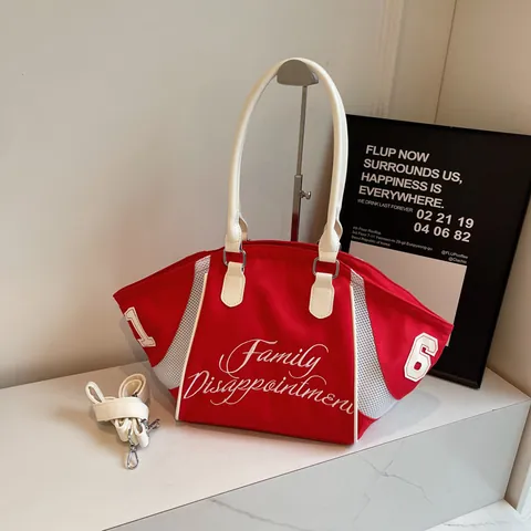 Borsa Tote in Tela e Nylon a Grande Capacità da Donna con Lettere Ricamate e Maglia casual a Tracolla