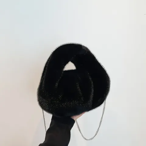 Borsa a Tracolla Casual in Ecopelliccia Peluche Morbida Borsa a Spalla Cloud Dumpling Con Catena in Metallo Argento Autunno Inverno