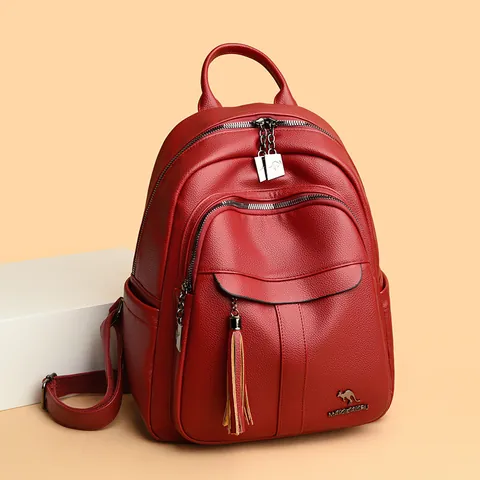 Large Capacity Women's Synthetic Leather Backpack With Tassel Decor Fashion Solid Color Litchi Pattern Travel School Bag