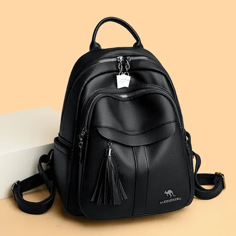 Large Capacity Women's Synthetic Leather Backpack With Tassel Decor Fashion Solid Color Litchi Pattern Travel School Bag