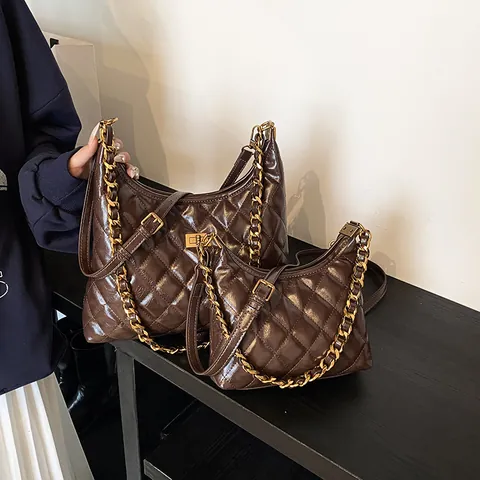 Sac à Épaule Femme Matelassé Losange Cuir PU Vintage Sac Bandoulière Avec Chaîne en Or Mode Sac Hobo Sous l'Aisselle Sac à Main Navette
