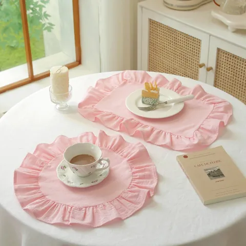 Set de Table en Coton à Volants Lavable Résistant à la Chaleur Décoratif Style Français Vichy Couleur Unie Rond Rectangulaire